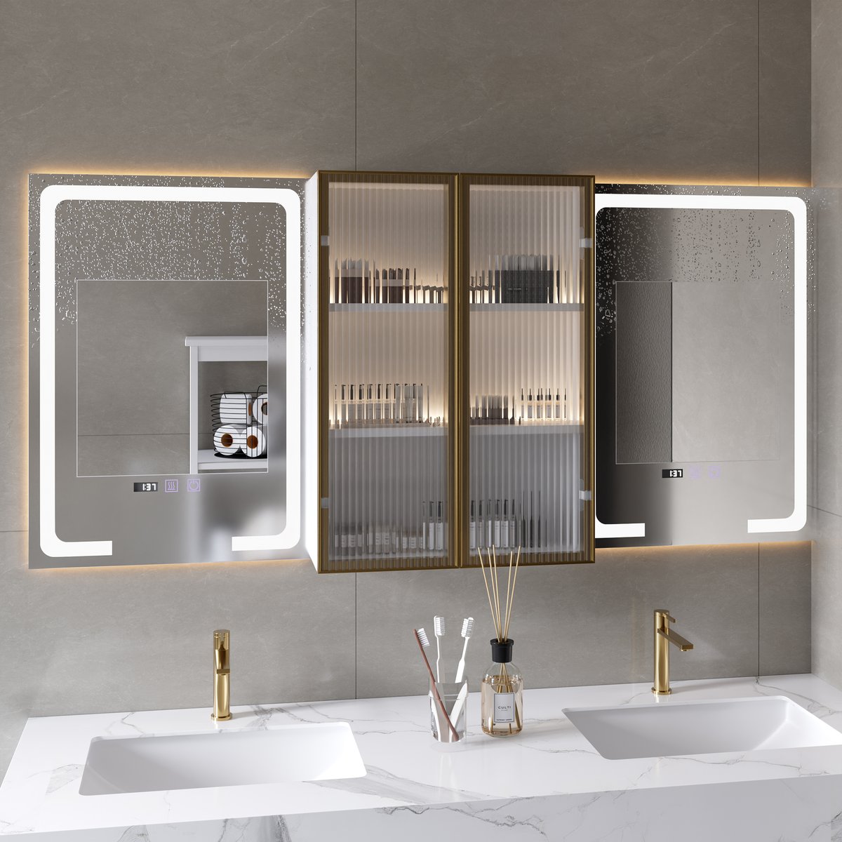 Ensemble de vanité flottante à double évier de 1500 mm avec armoire à pharmacie LED avec rangement image de fenêtre
