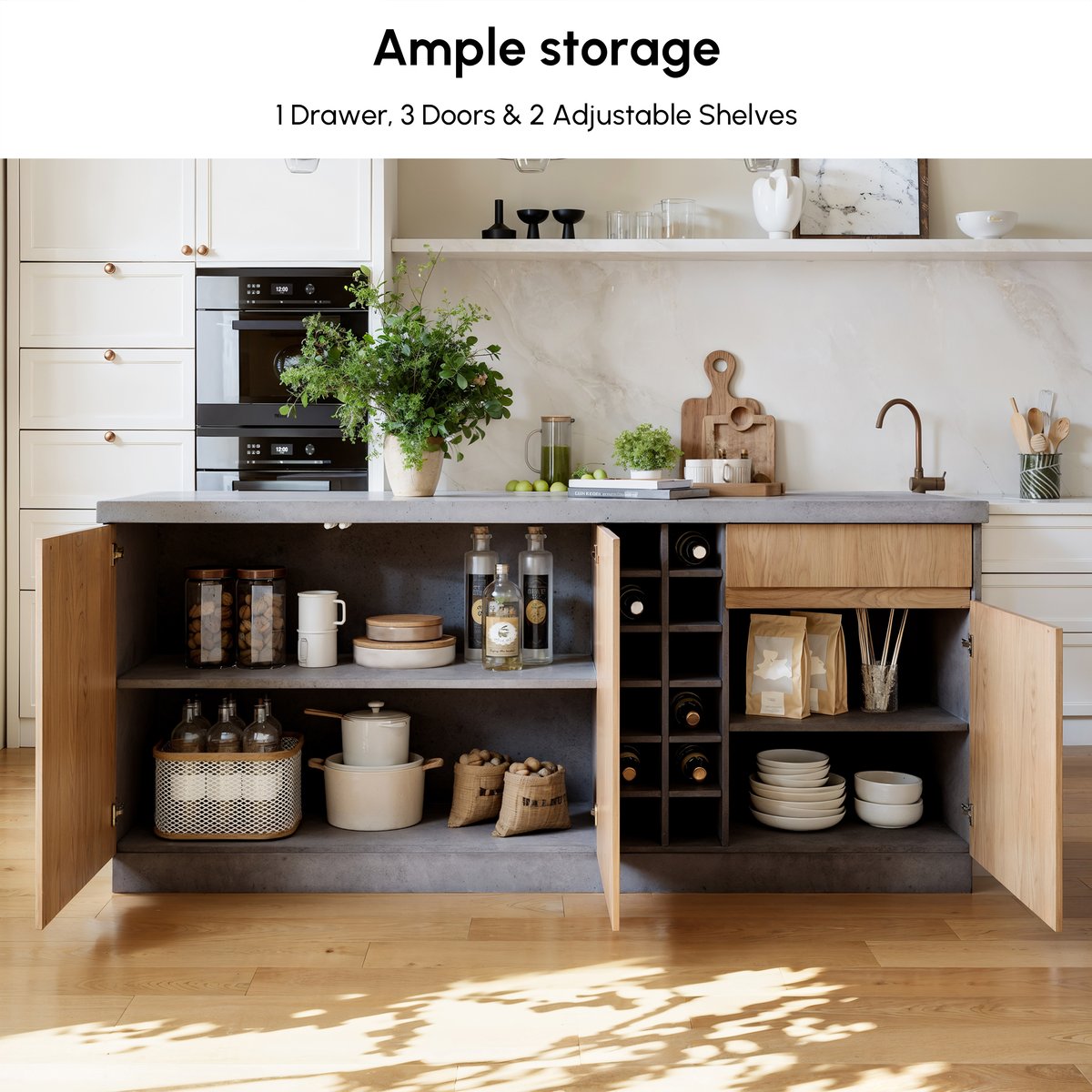 Îlot central de cuisine Japandi 183 cm gris avec rangement et éclairage LED image de fenêtre