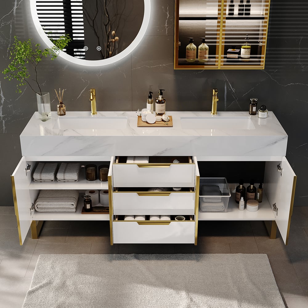 Aro 1500mm Meuble-lavabo sur Pied Double Muraux Blanc Dessus en Faux Marbre image de fenêtre