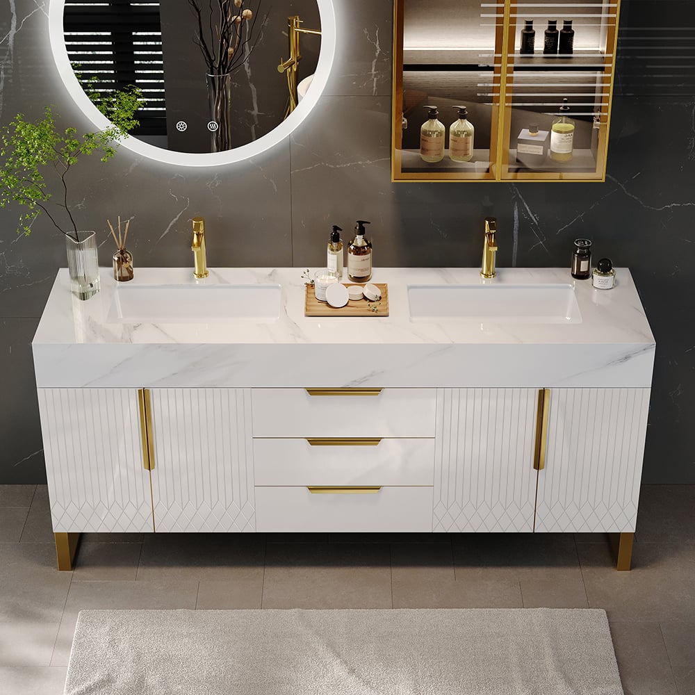 Aro 1500mm Meuble-lavabo sur Pied Double Muraux Blanc Dessus en Faux Marbre image de fenêtre