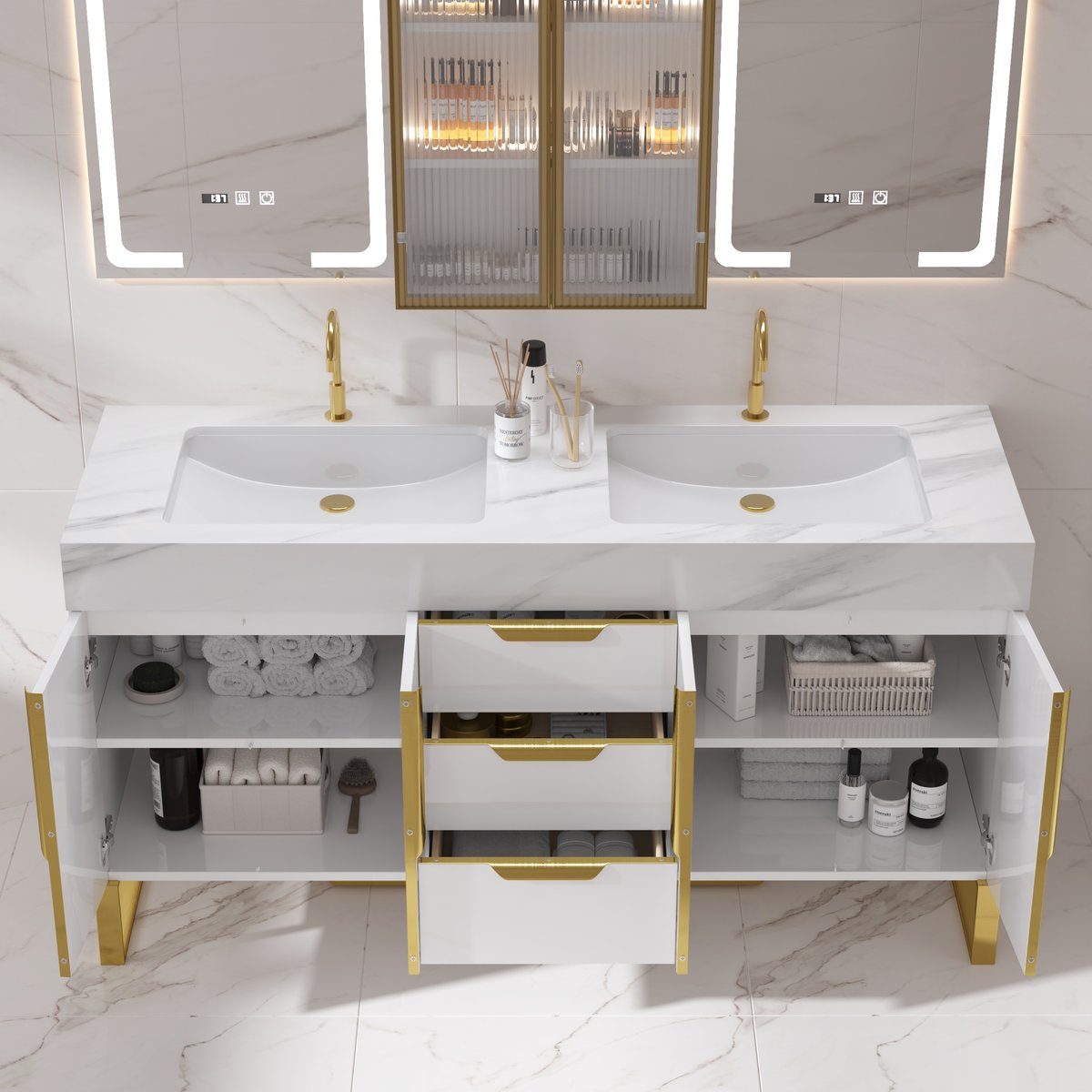 Ensemble meuble-lavabo double de salle de bain Aro 150cm et armoire de rangement de salle de bain 149cm image de fenêtre