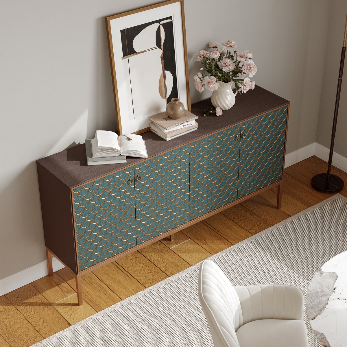 Bahut moderne en bois de 183 cm (72 po) avec 4 portes et étagères réglables image de fenêtre