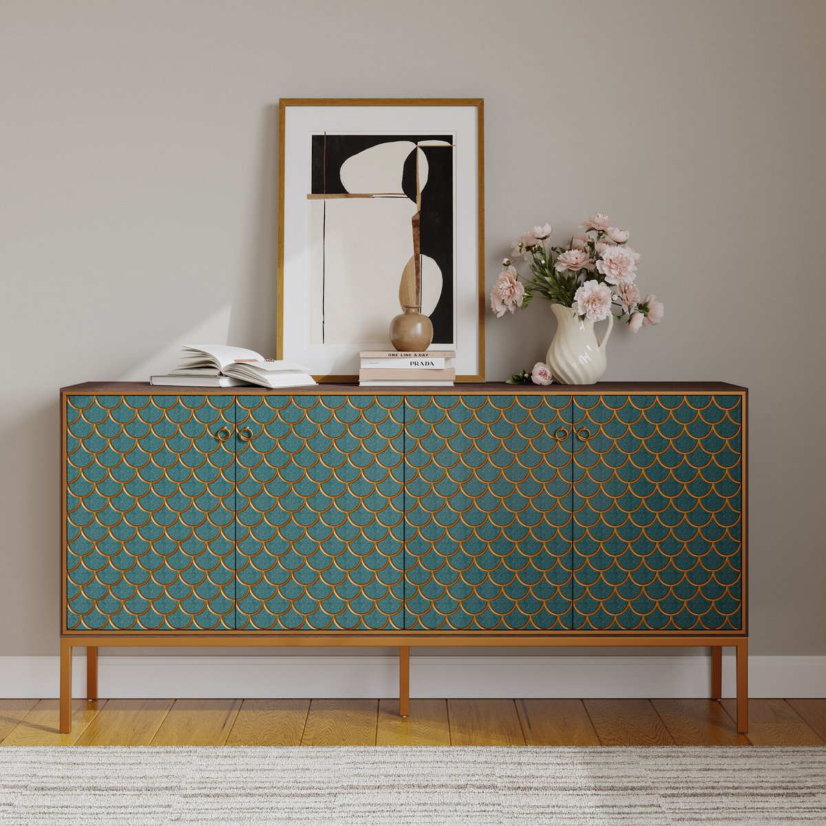 Bahut moderne en bois de 183 cm (72 po) avec 4 portes et étagères réglables image de fenêtre