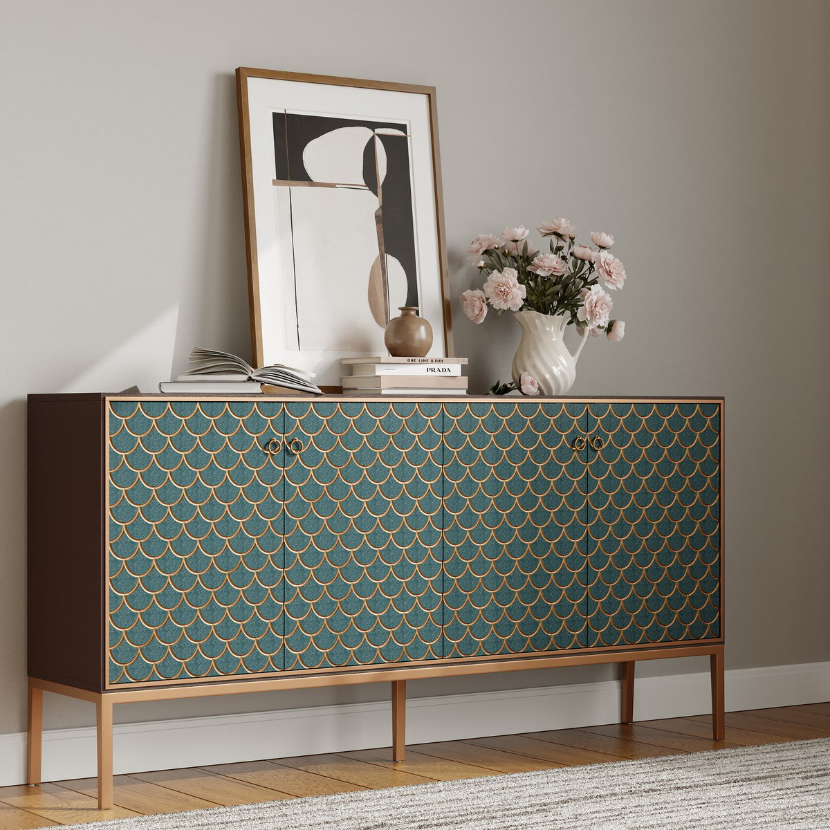 Bahut moderne en bois de 183 cm (72 po) avec 4 portes et étagères réglables image de fenêtre