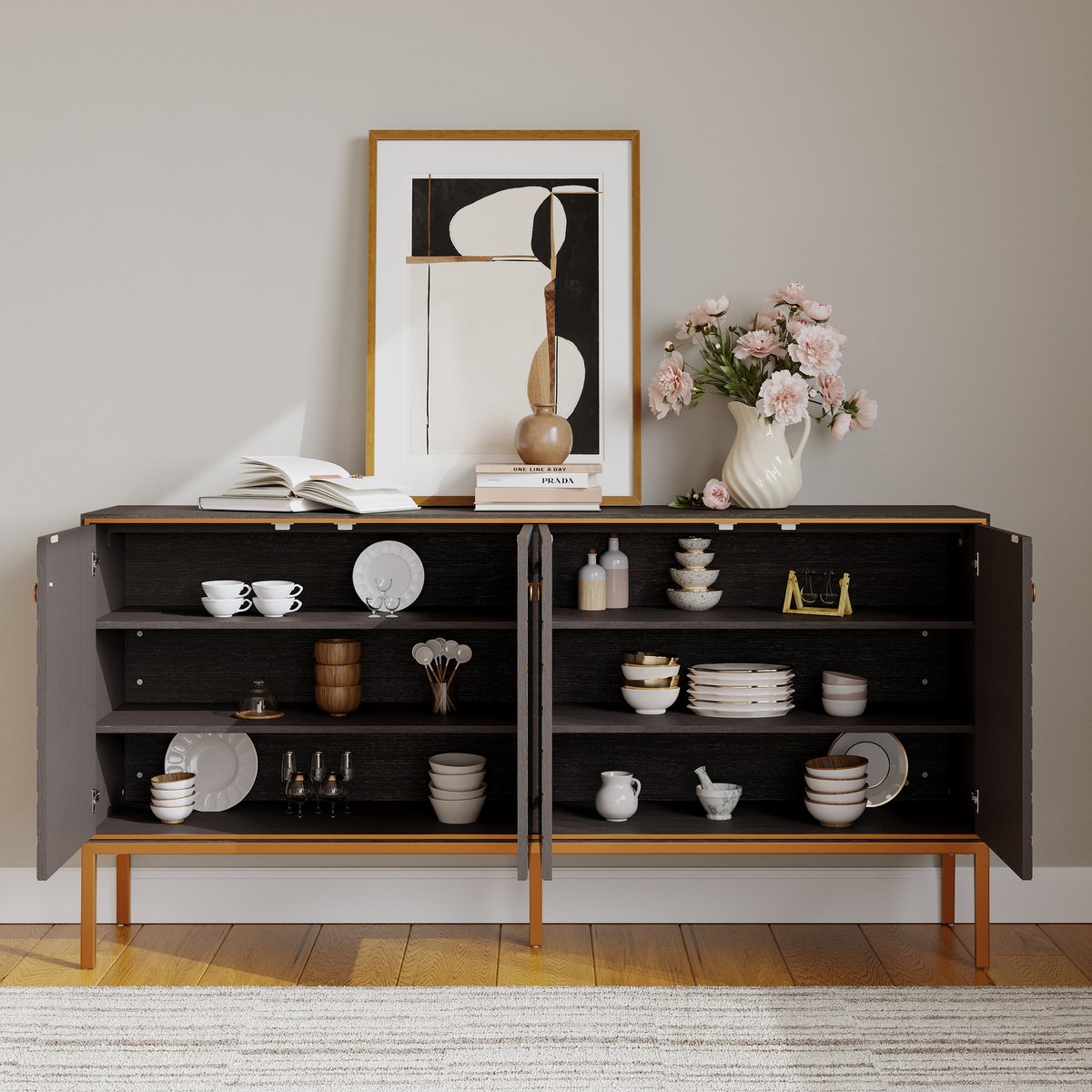 Bahut moderne en bois de 183 cm (72 po) avec 4 portes et étagères réglables image de fenêtre
