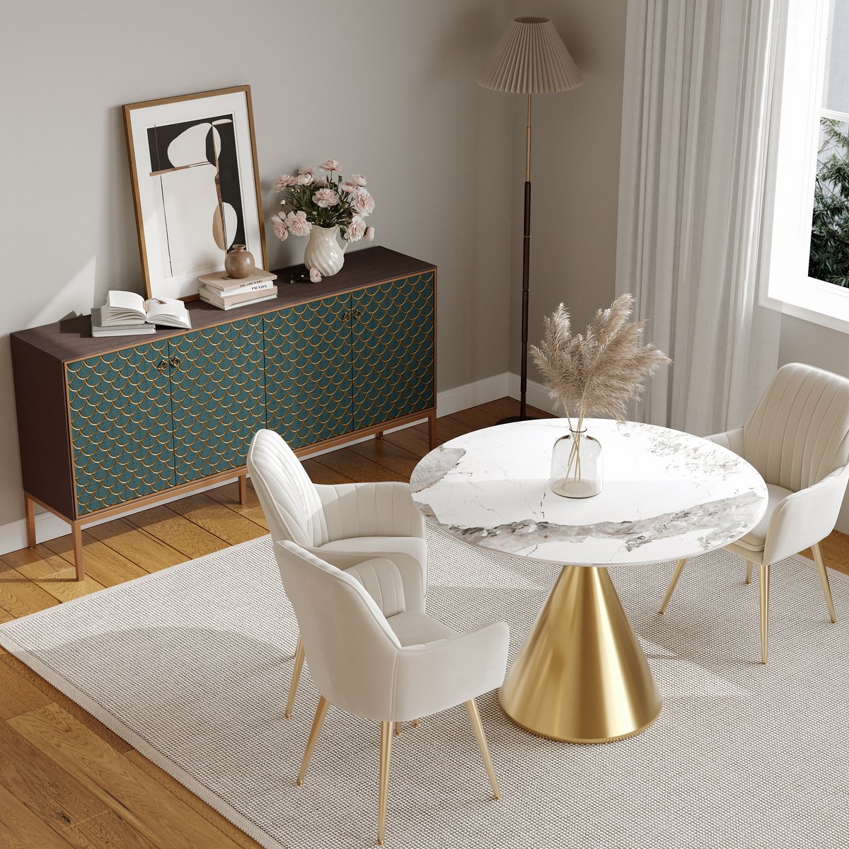 Bahut moderne en bois de 183 cm (72 po) avec 4 portes et étagères réglables image de fenêtre