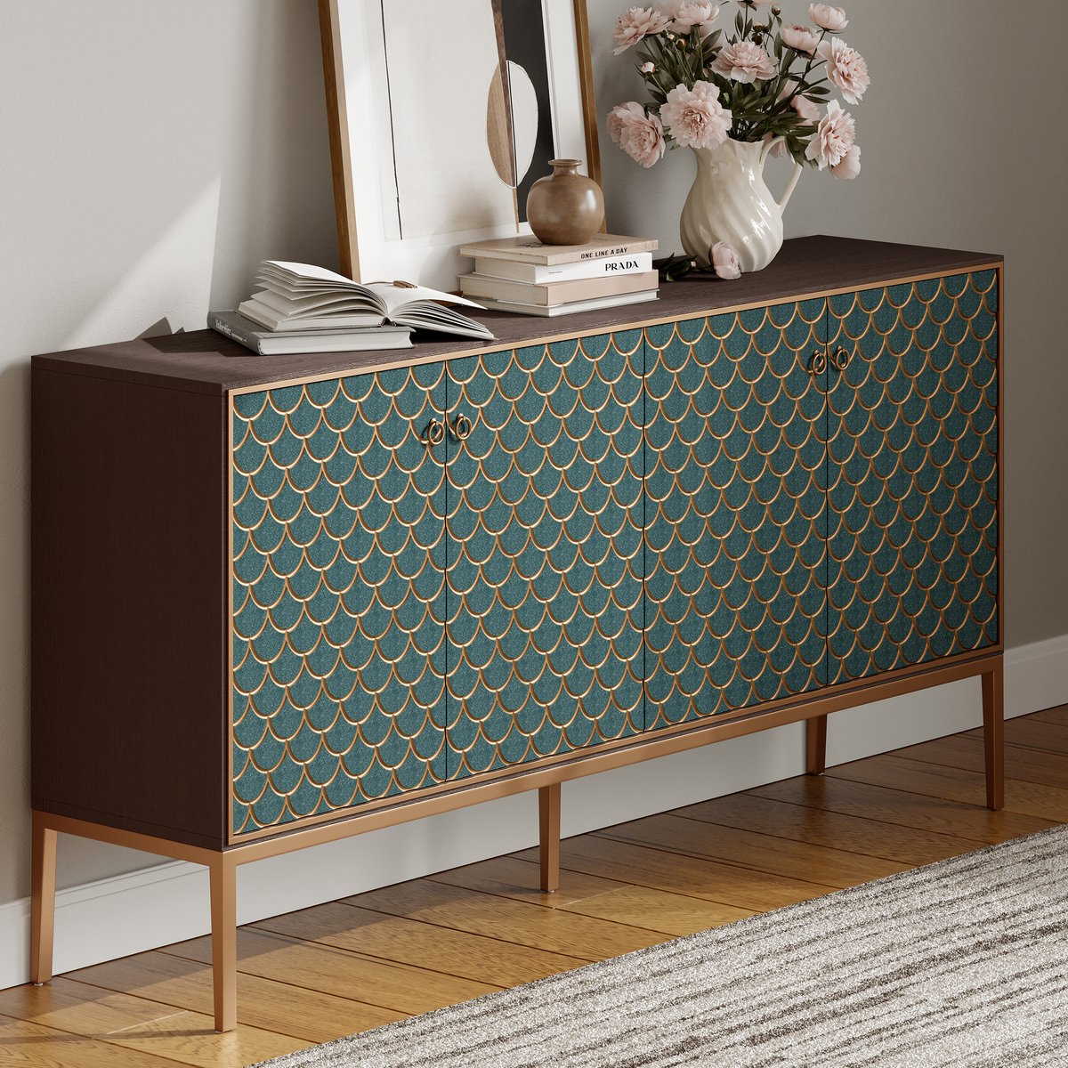 Bahut moderne en bois de 183 cm (72 po) avec 4 portes et étagères réglables image de fenêtre