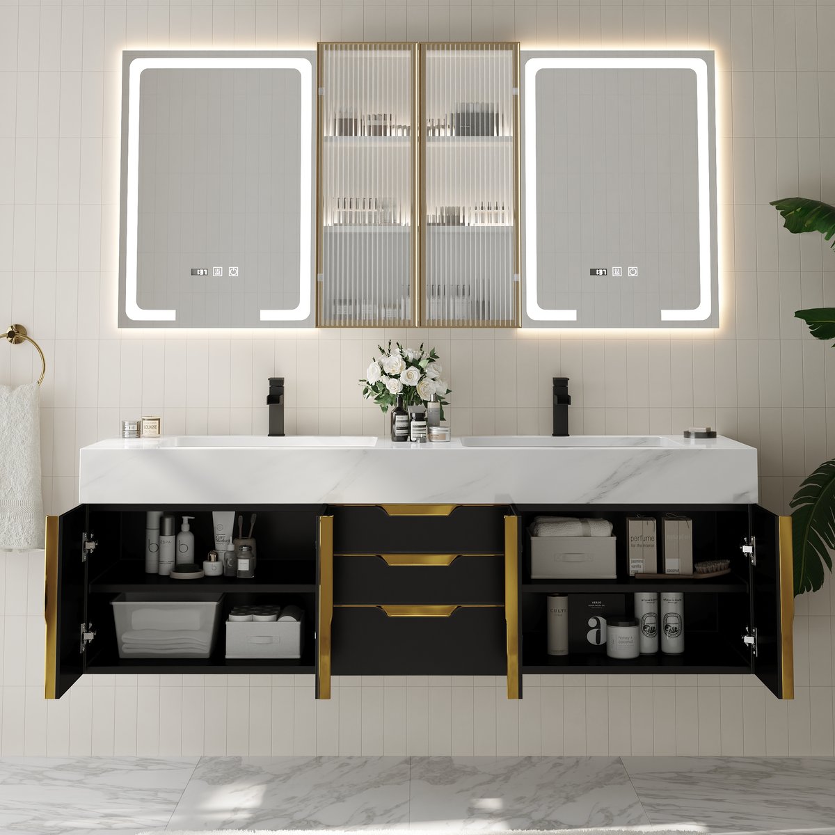 Meuble-lavabo flottant double de 150 cm avec armoire à pharmacie LED et rangement image de fenêtre