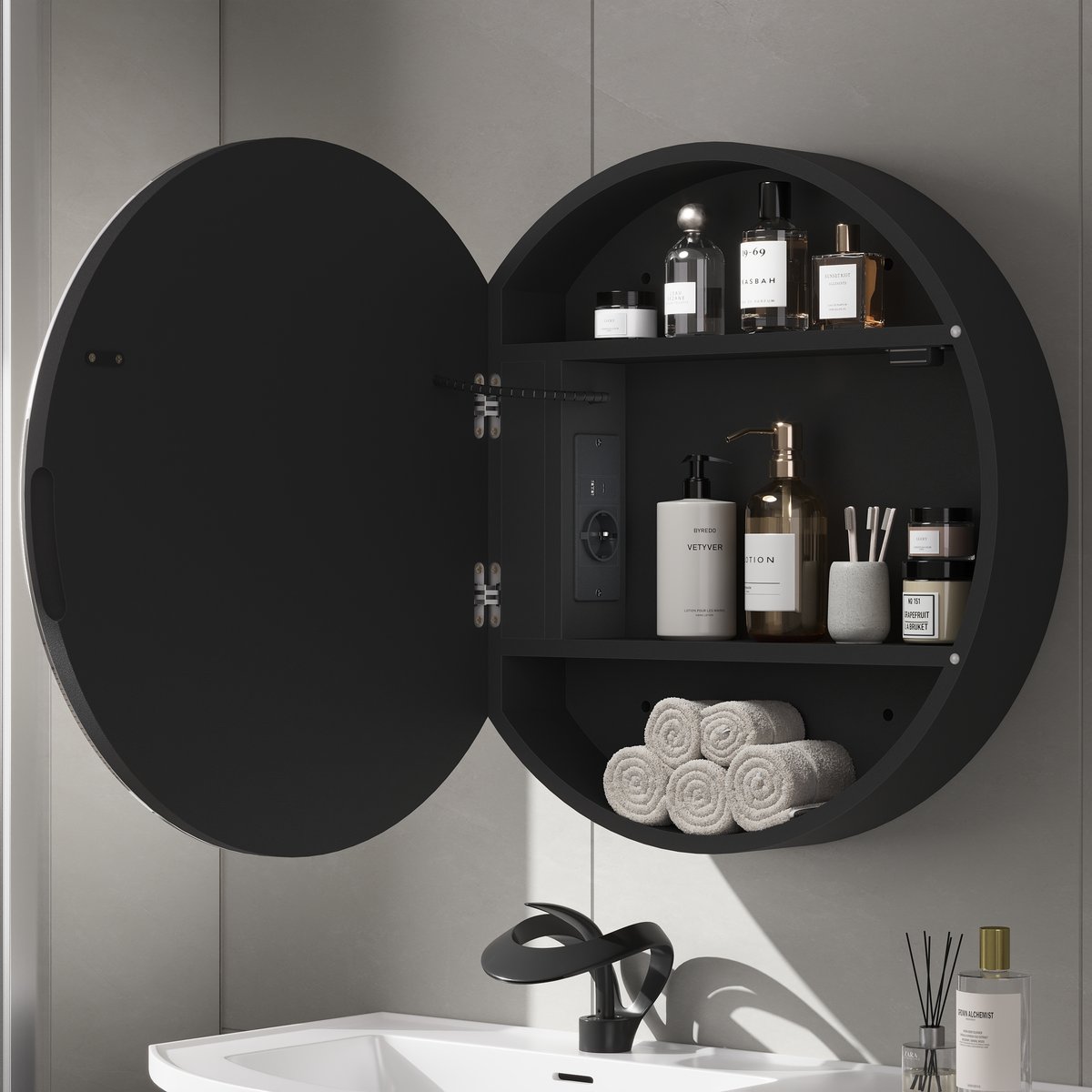 Armoire de toilette ronde noire à LED de 60cm avec rangement, anti-buée, dimmable image de fenêtre