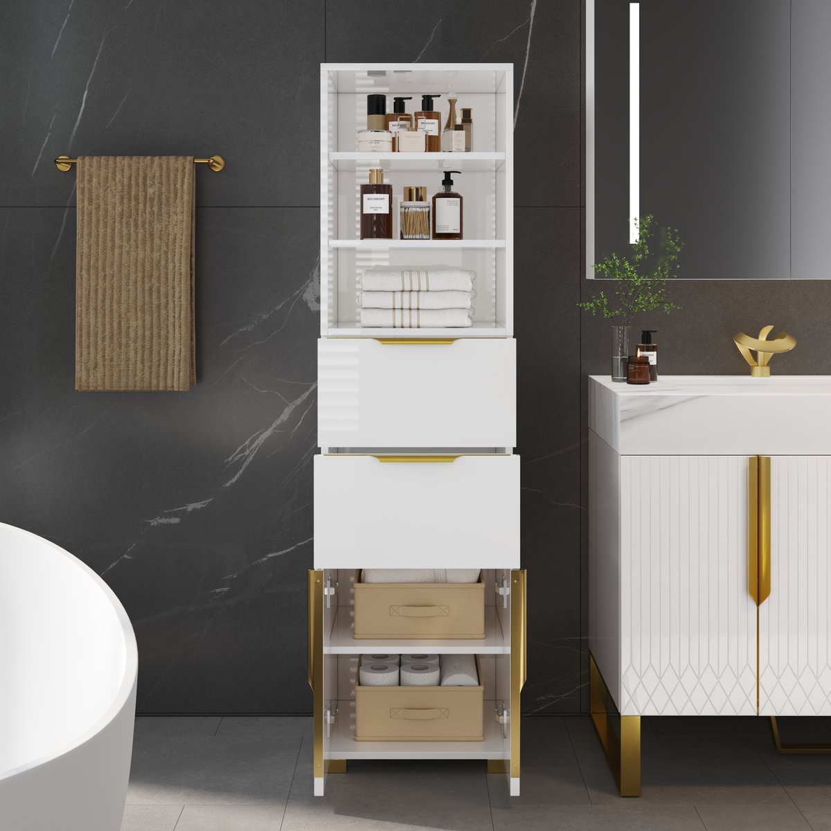 Ensemble meuble-lavabo double de salle de bain Aro 150cm et armoire de rangement de salle de bain 149cm image de fenêtre
