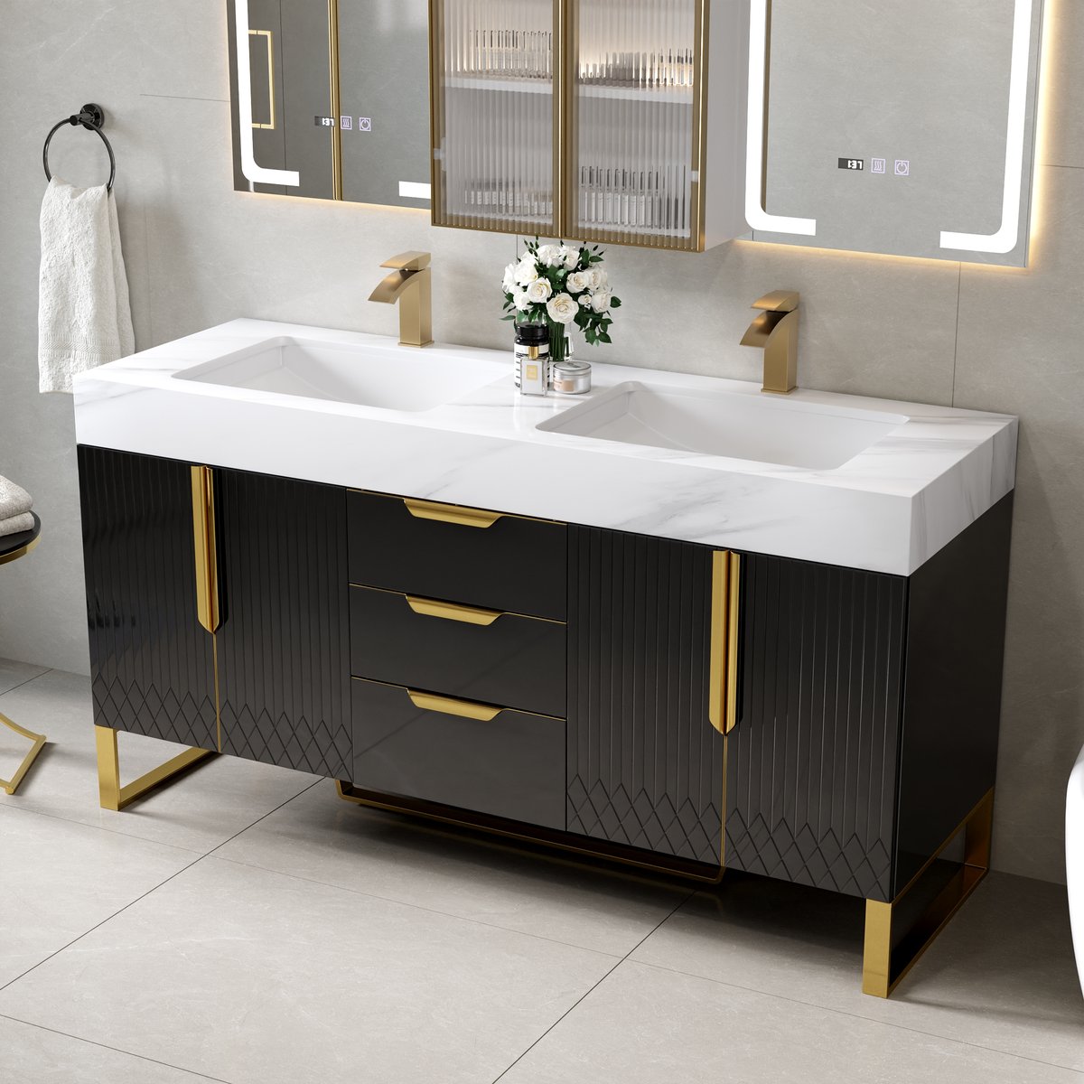 Meuble-lavabo autoportant à double vasque de 150 cm avec armoire de toilette à LED avec rangement image de fenêtre