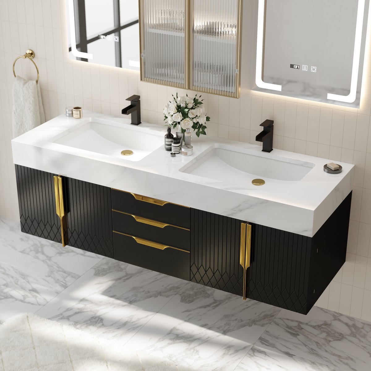 Meuble-lavabo flottant double de 150 cm avec armoire à pharmacie LED et rangement image de fenêtre