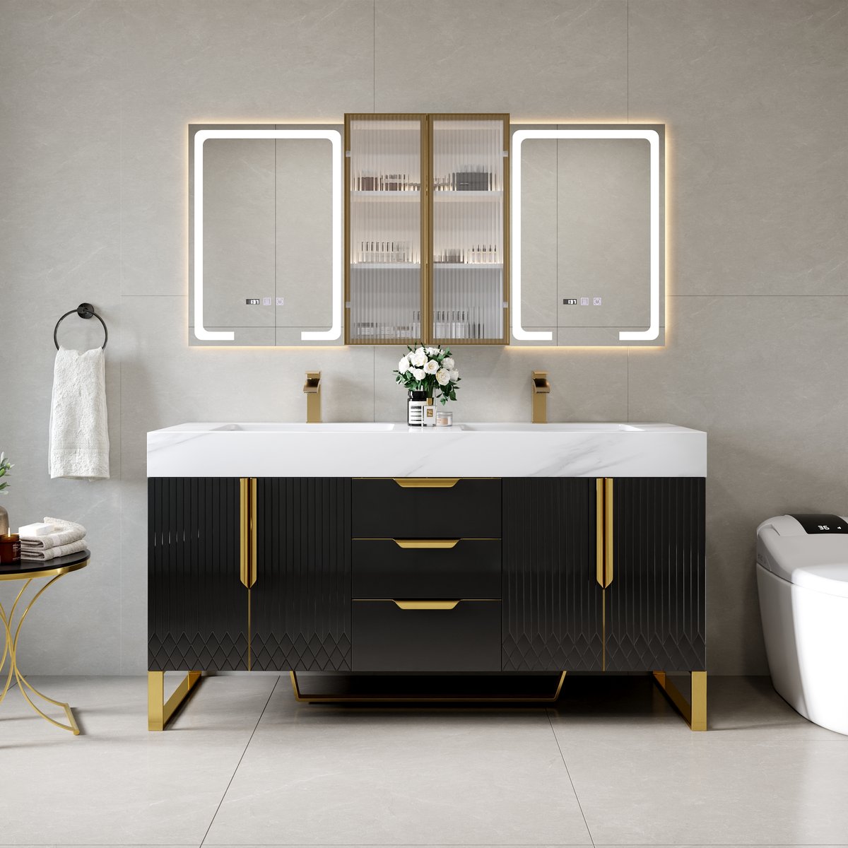 Meuble-lavabo autoportant à double vasque de 150 cm avec armoire de toilette à LED avec rangement image de fenêtre