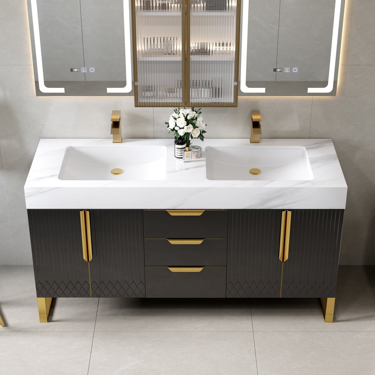 Meuble-lavabo autoportant à double vasque de 150 cm avec armoire de toilette à LED avec rangement image de fenêtre