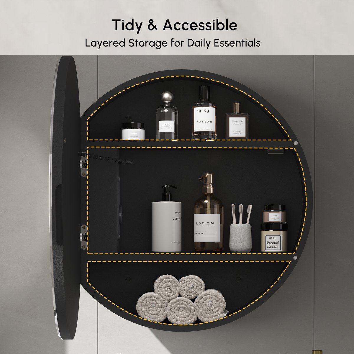 Armoire de toilette ronde noire à LED de 60cm avec rangement, anti-buée, dimmable image de fenêtre