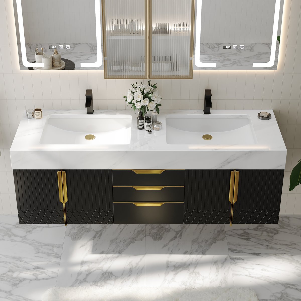 Meuble-lavabo flottant double de 150 cm avec armoire à pharmacie LED et rangement image de fenêtre