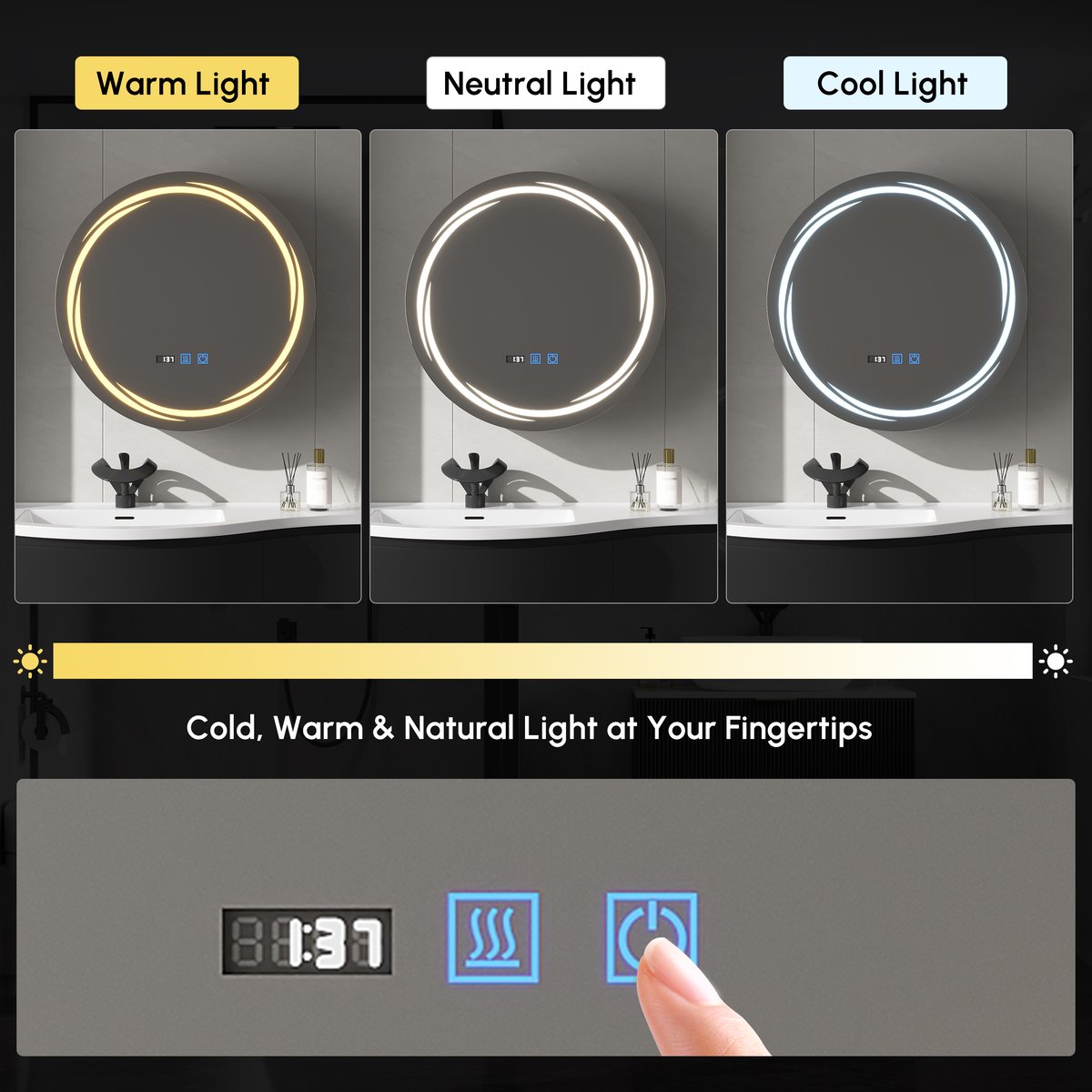 Armoire de toilette ronde noire à LED de 60cm avec rangement, anti-buée, dimmable image de fenêtre