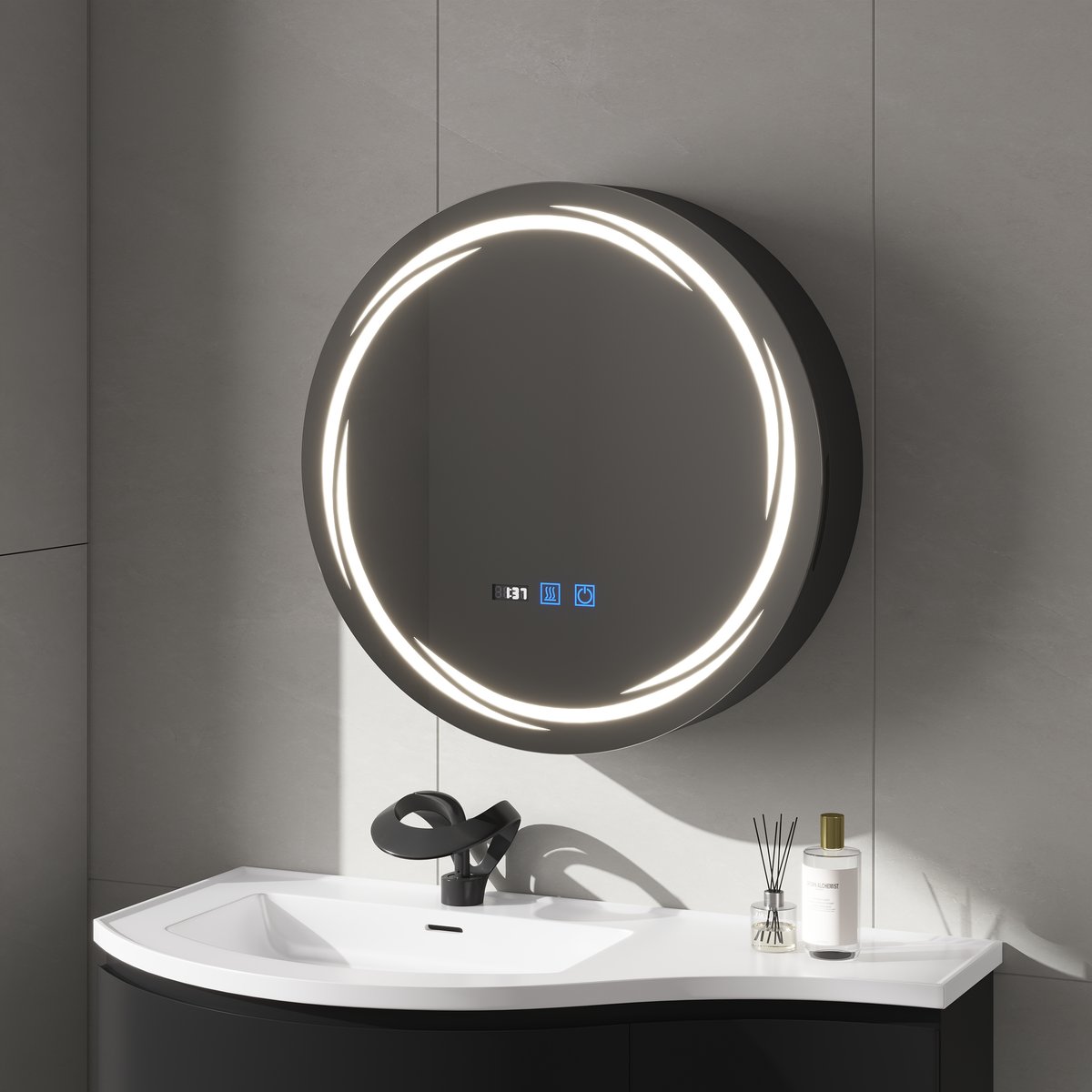 Armoire de toilette ronde noire à LED de 60cm avec rangement, anti-buée, dimmable image de fenêtre