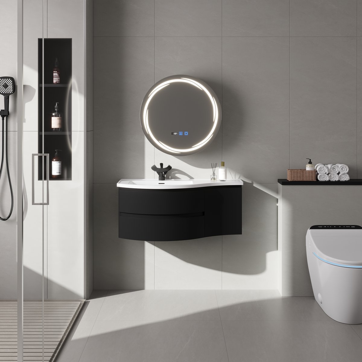 Armoire de toilette ronde noire à LED de 60cm avec rangement, anti-buée, dimmable image de fenêtre