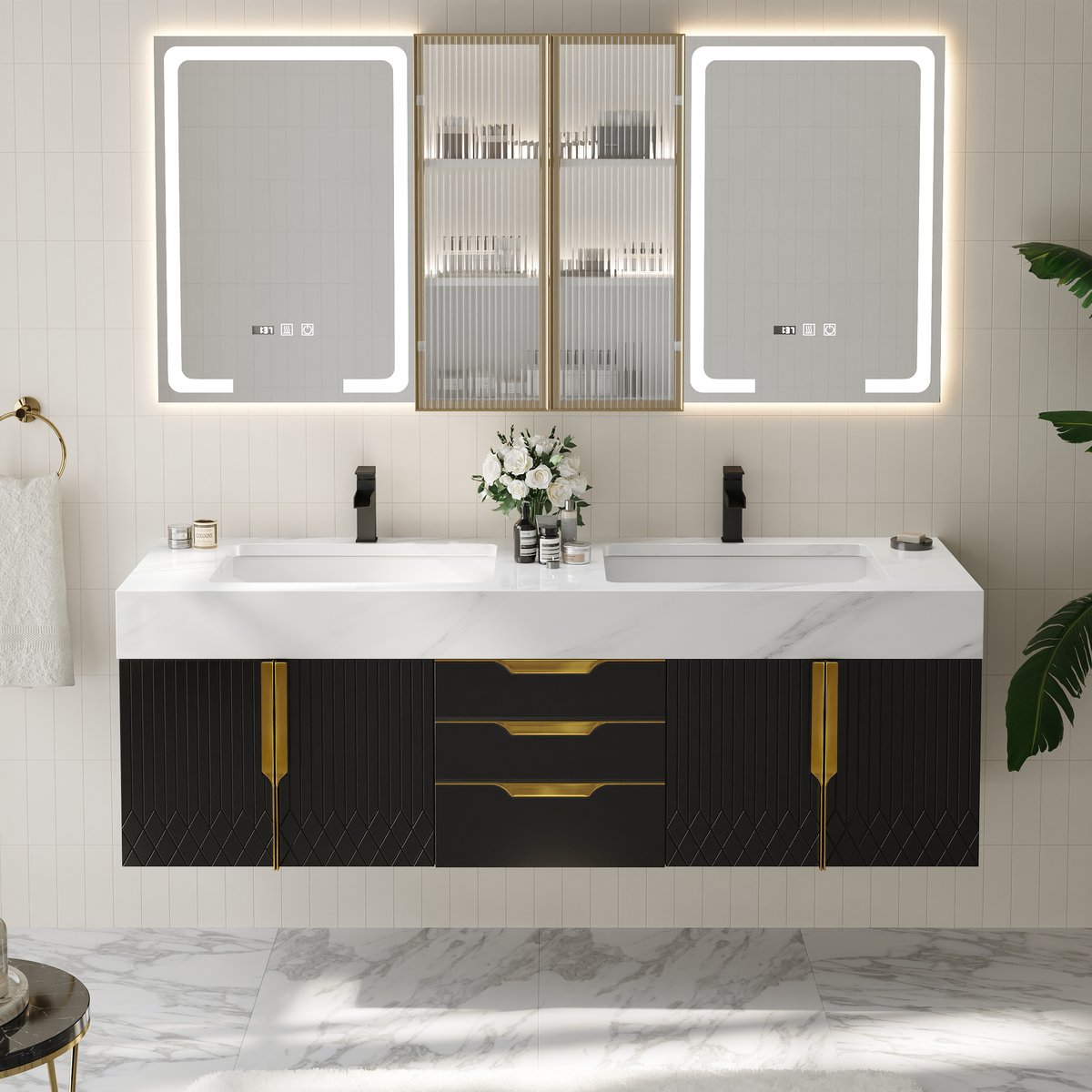 Meuble-lavabo flottant double de 150 cm avec armoire à pharmacie LED et rangement image de fenêtre