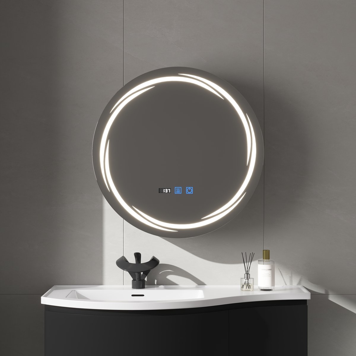 Armoire de toilette ronde noire à LED de 60cm avec rangement, anti-buée, dimmable image de fenêtre
