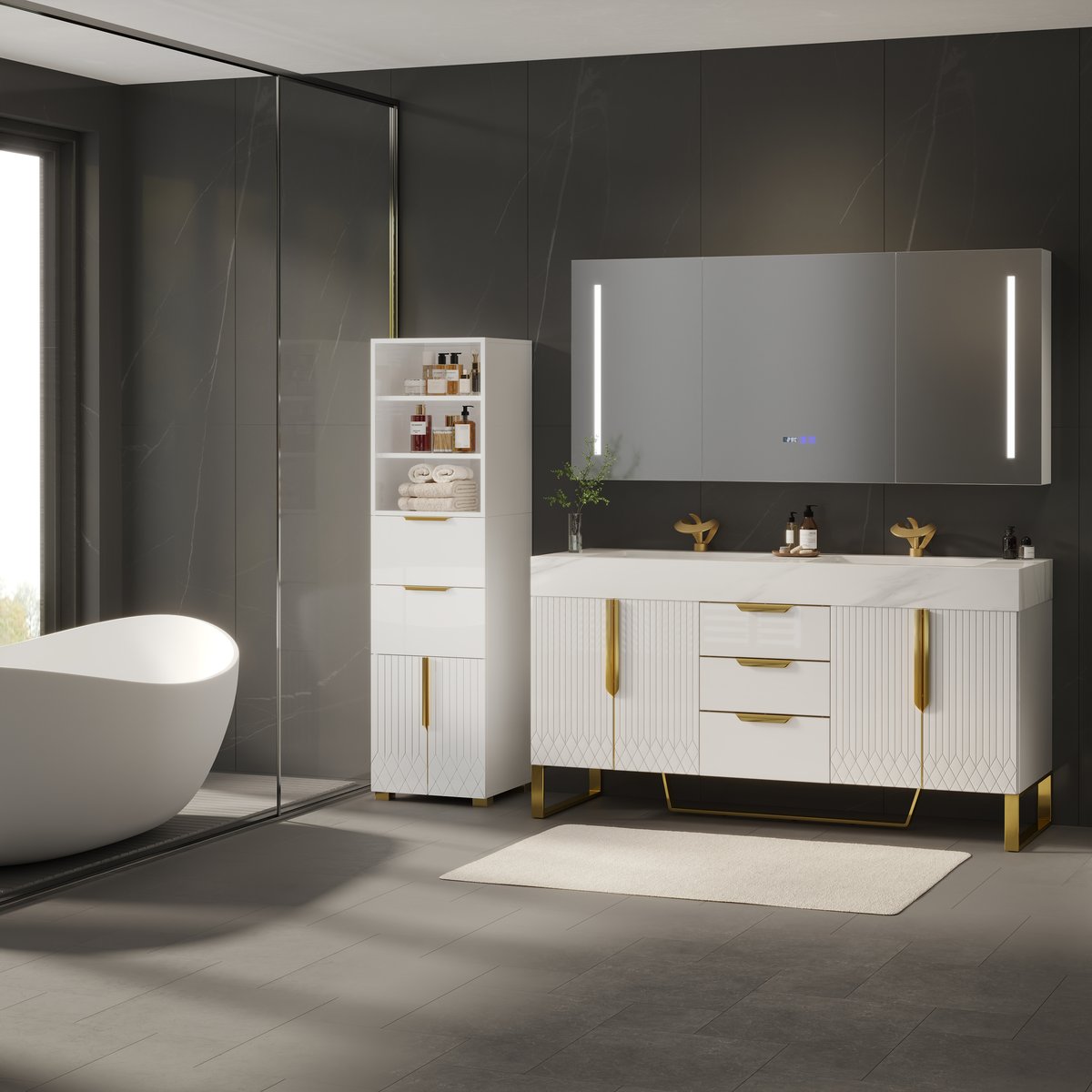 Ensemble meuble-lavabo double de salle de bain Aro 150cm et armoire de rangement de salle de bain 149cm image de fenêtre