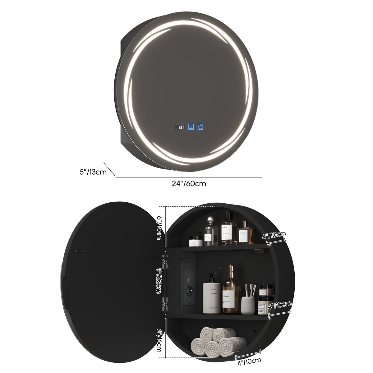 Armoire de toilette ronde noire à LED de 60cm avec rangement, anti-buée, dimmable Poids, dimensions, image