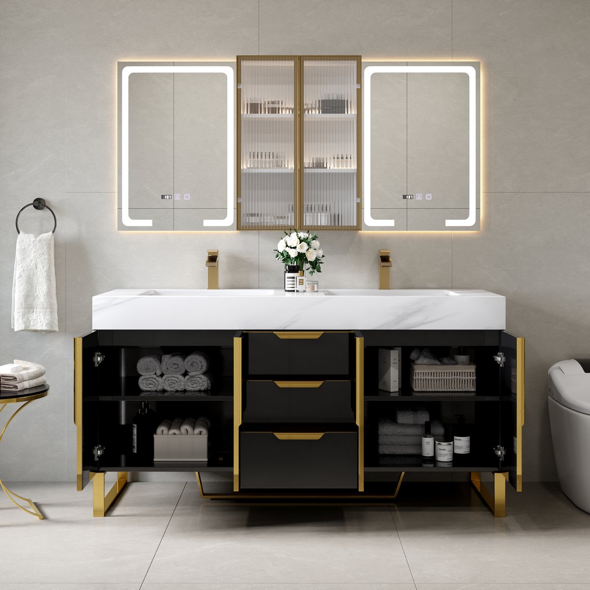 Meuble-lavabo autoportant à double vasque de 150 cm avec armoire de toilette à LED avec rangement image de fenêtre