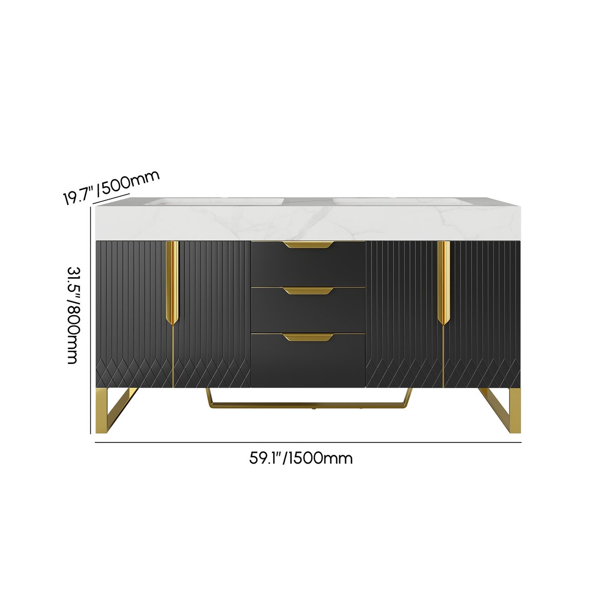 Meuble-lavabo autoportant à double vasque de 150 cm avec armoire de toilette à LED avec rangement Poids, dimensions, image