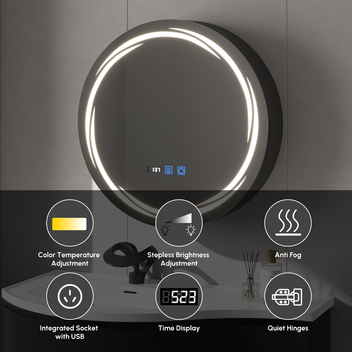 Armoire de toilette ronde noire à LED de 60cm avec rangement, anti-buée, dimmable image de fenêtre