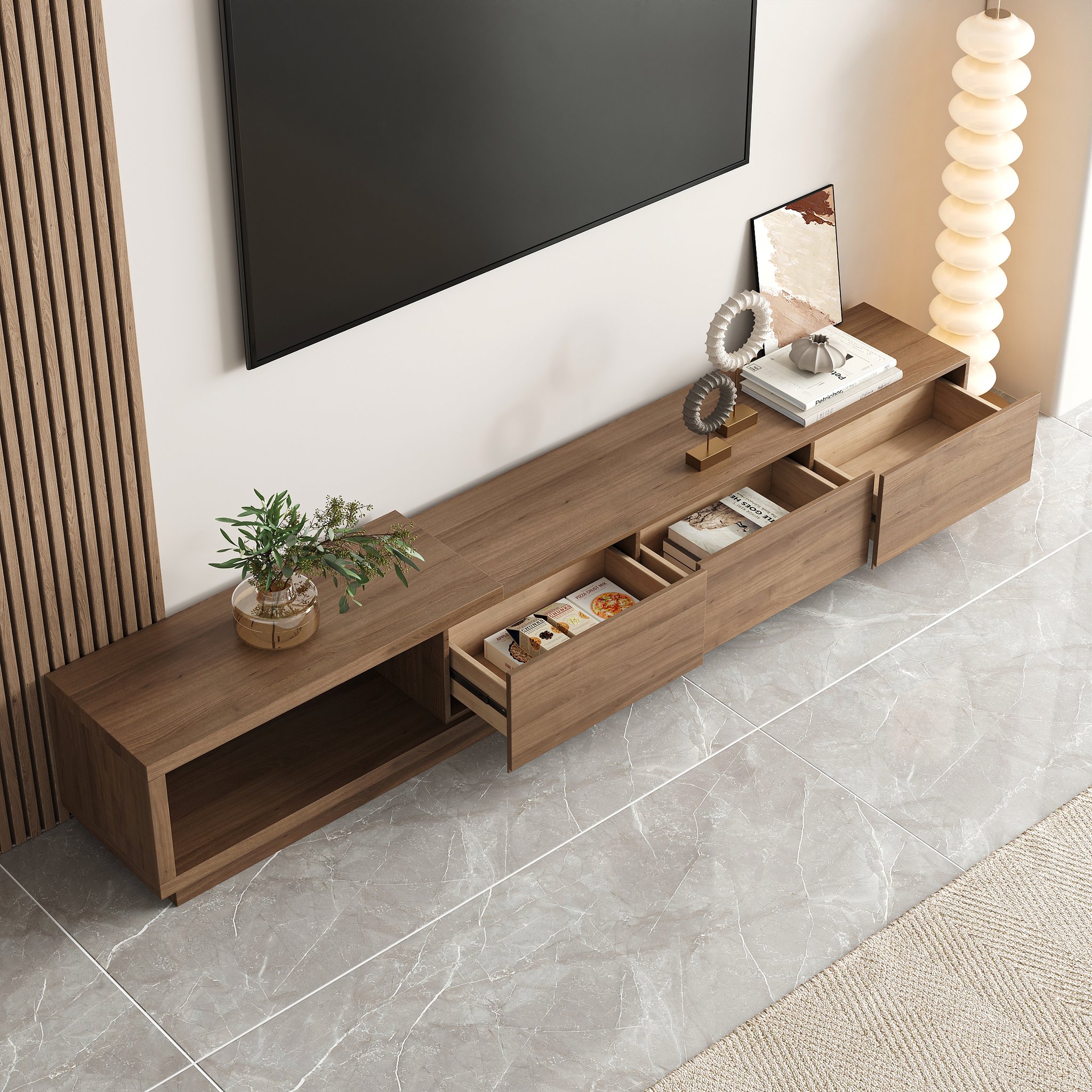 Mueble TV Quoint extensible con 3 cajones de 179 cm a 255 cm en color nogal