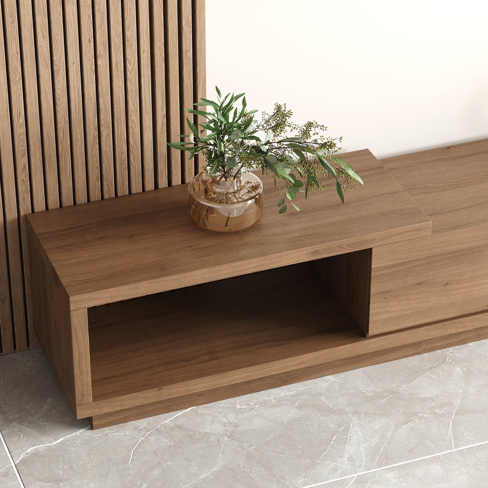 Mueble TV Quoint extensible con 3 cajones de 179 cm a 255 cm en color nogal