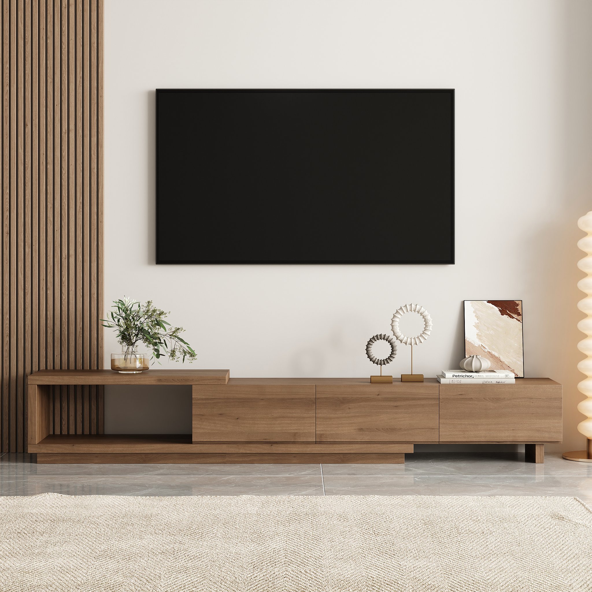 Mueble TV Quoint extensible con 3 cajones de 179 cm a 255 cm en color nogal