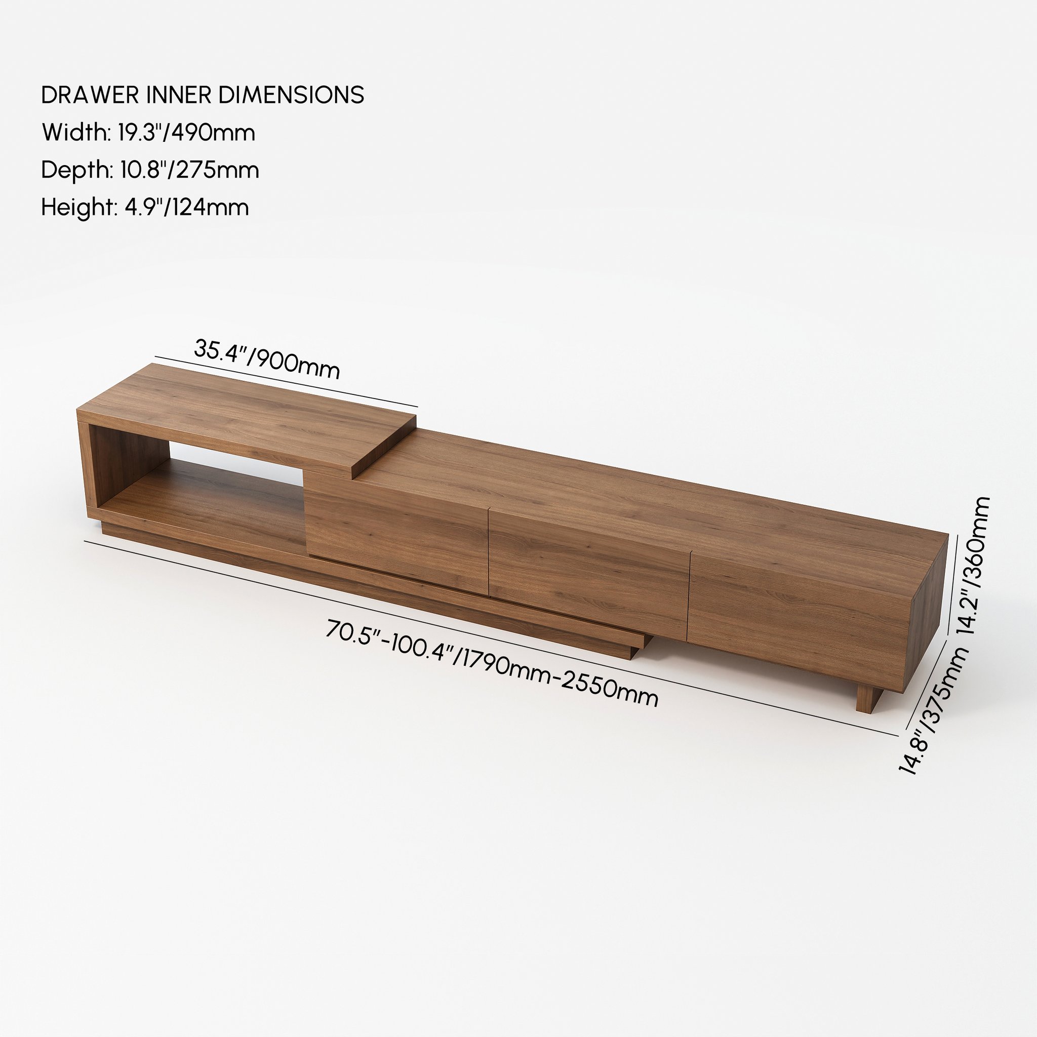 Mueble TV Quoint extensible con 3 cajones de 179 cm a 255 cm en color nogal