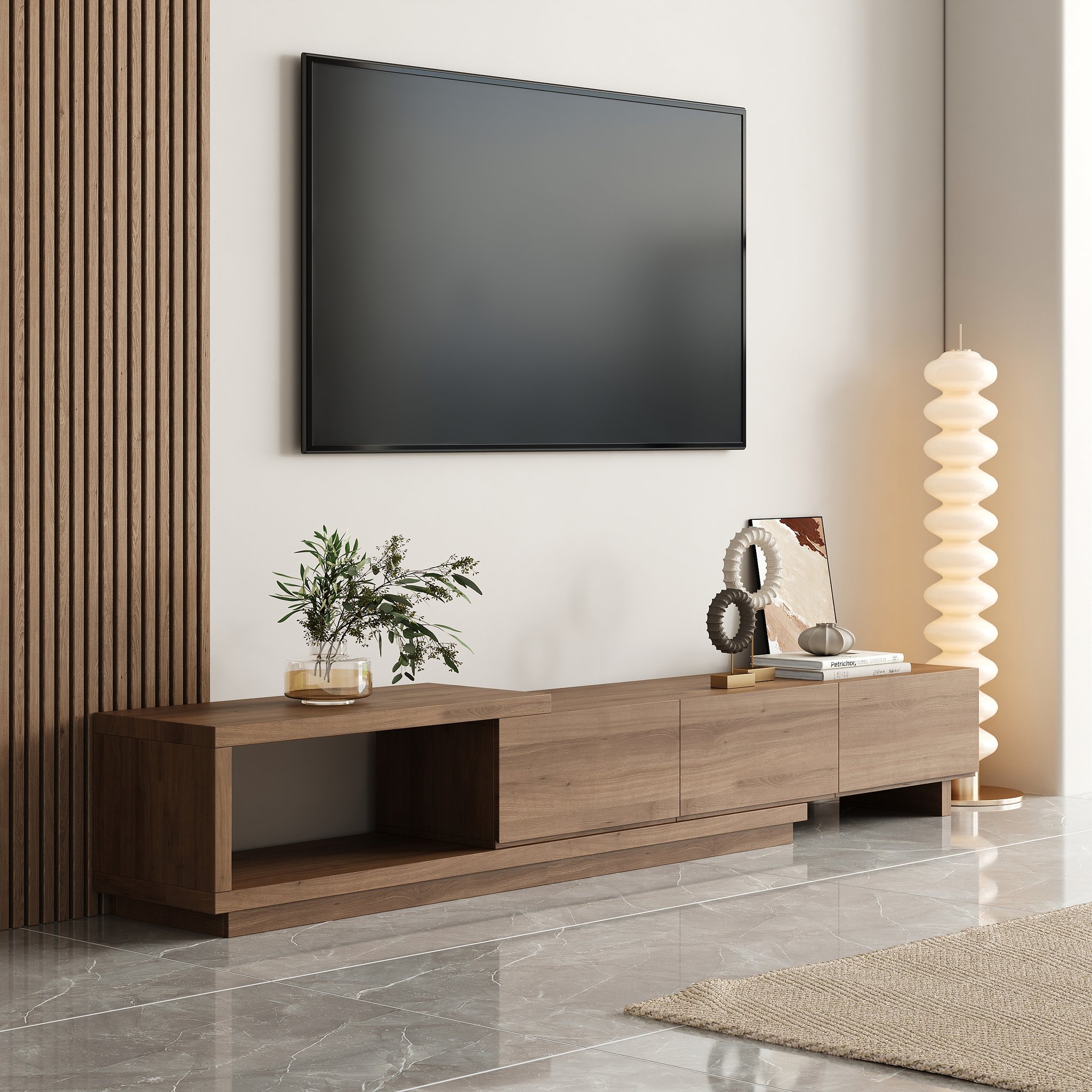Mueble TV Quoint extensible con 3 cajones de 179 cm a 255 cm en color nogal