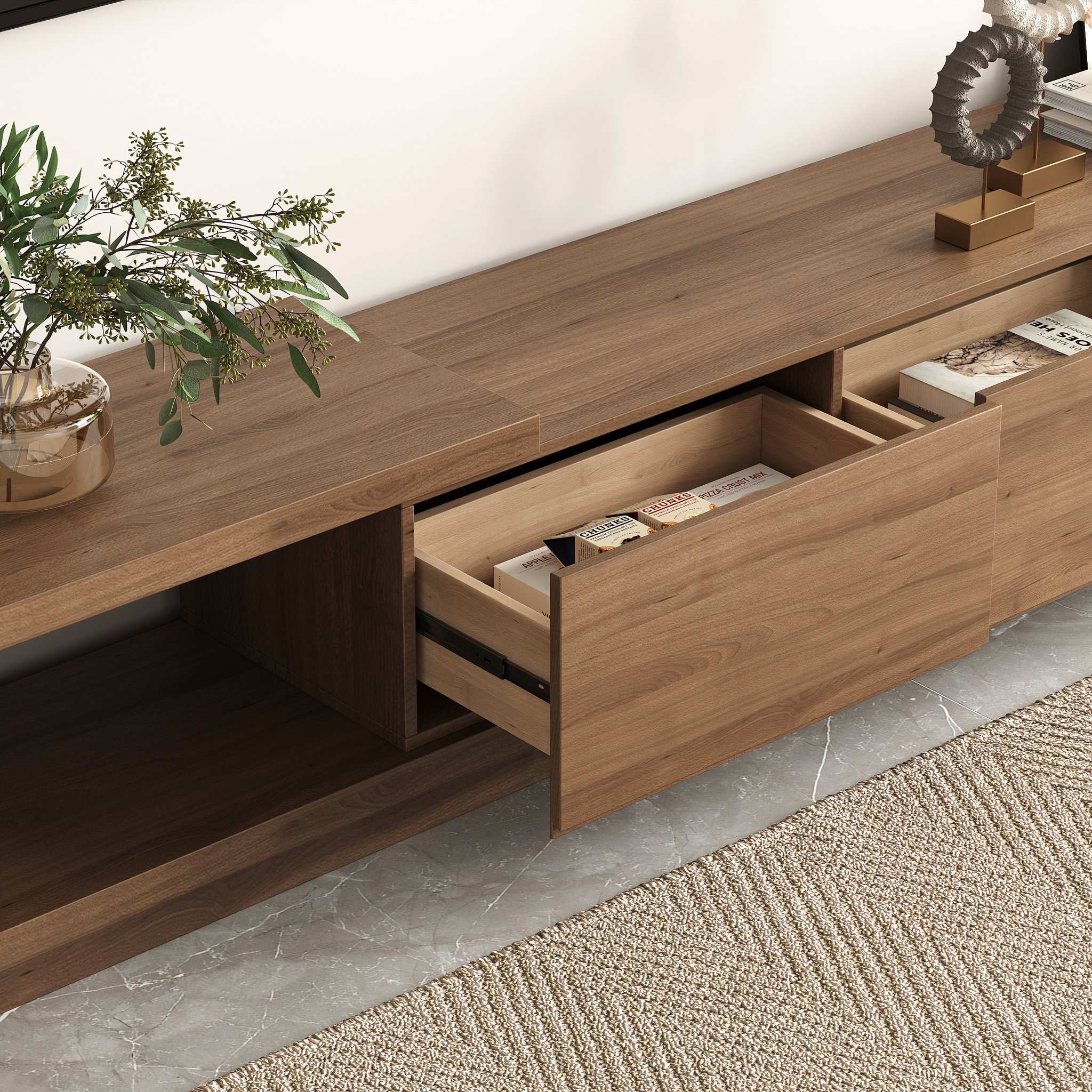 Mueble TV Quoint extensible con 3 cajones de 179 cm a 255 cm en color nogal