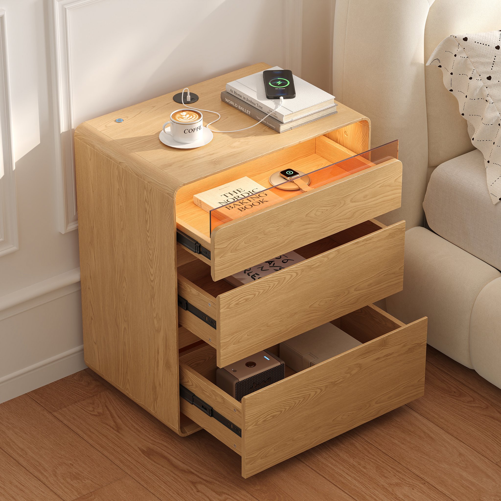 Wooden 3-drawer nightstand with LED lighting on a bedroom shelf.