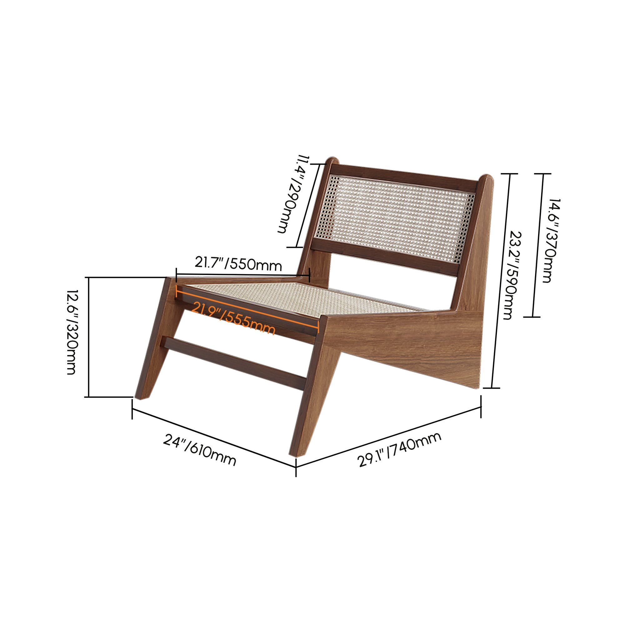 Front view of a rattan and wood lounge chair with dimensions.
