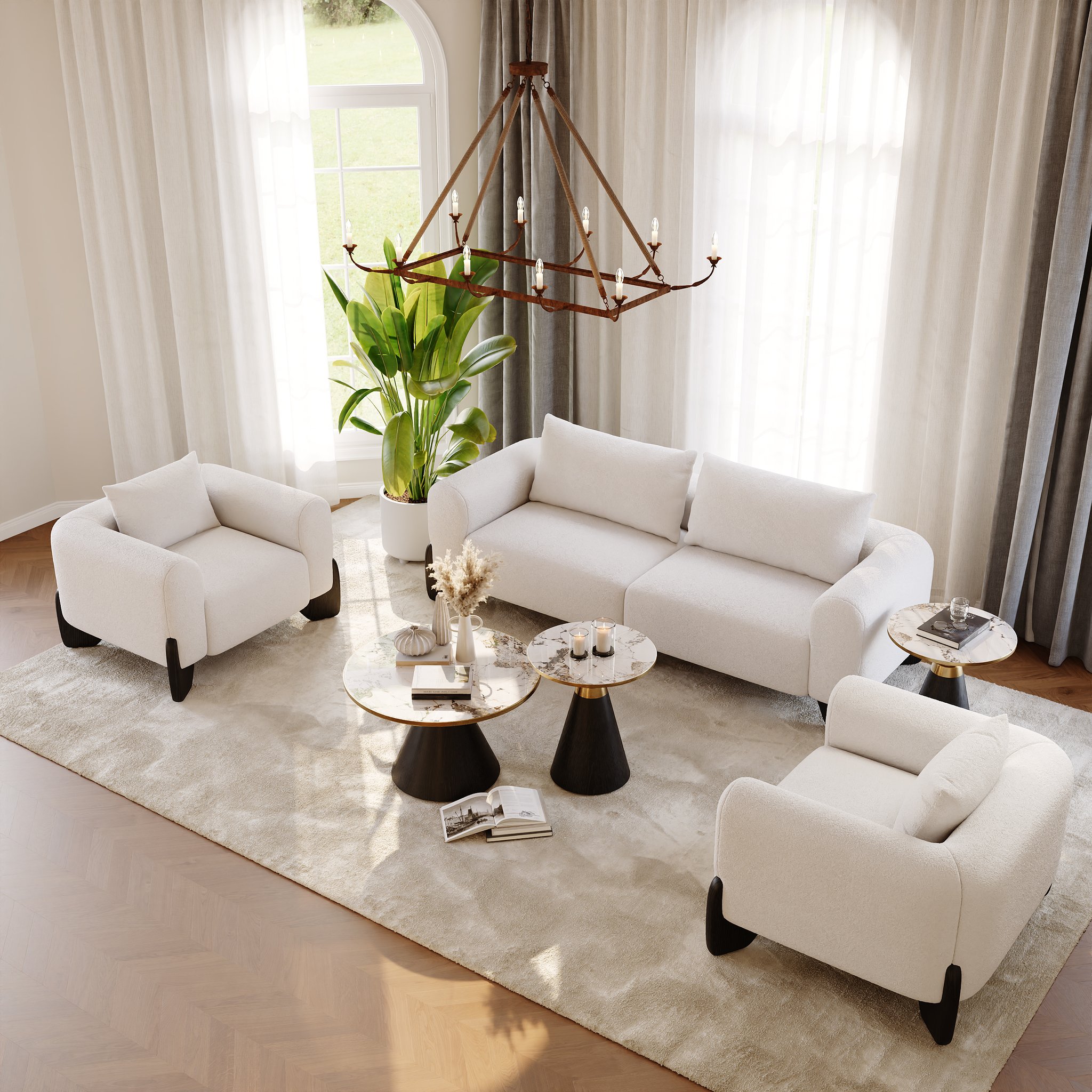 Living room scene with coffee tables and seating.