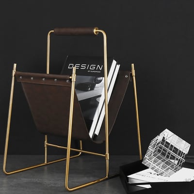 Stylish Decorative Magazine Rack in Brown&Gold Leather | Homary