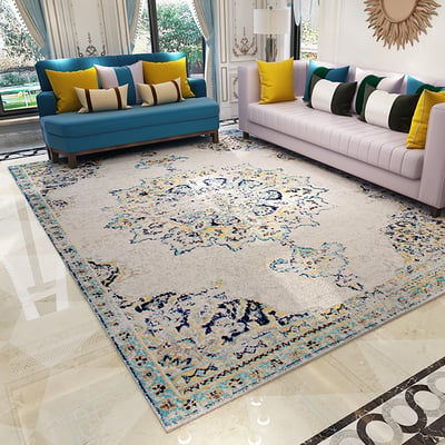10'×13' Retro Ethnic Style Blue & Beige Rectangle Area Rug | Homary UK
