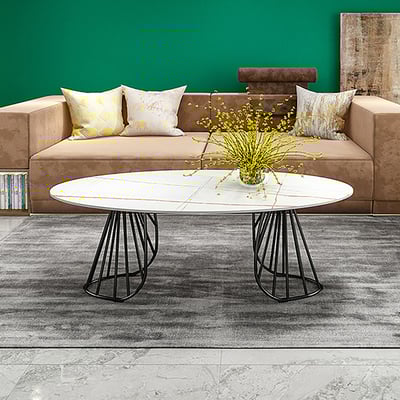 White Modern Oval Coffee Table Sintered Stone Top & Metal Base | Homary UK