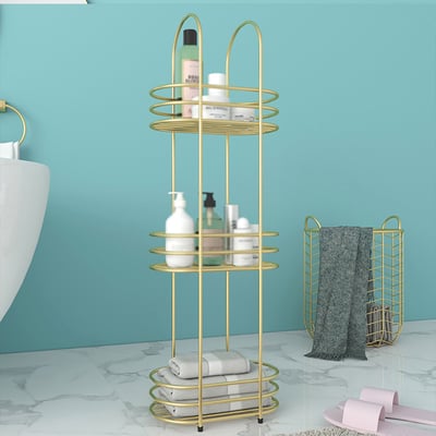 3 Tiers Gold Freestanding Storage Bathroom Shelves with Handles | Homary
