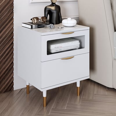 Homary - Table De Chevet Blanche Avec LED Réglable Et Recharge Sans Fil - 2 Tiroirs En Bois, Design Moderne