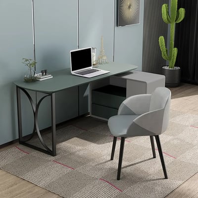 Green & White Office Desk with Cabinet Adjustable L-Shape Computer Desk