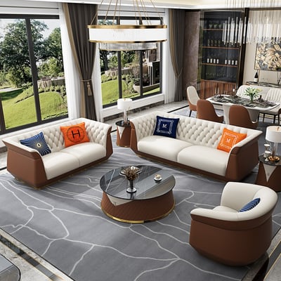 Brown Faux Leather Living Room Set with Single Sofa & Loveseat Set of 3