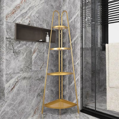 Modern Bathroom Floor Corner Storage Shelves in Gold | Homary