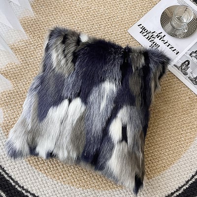 Taie d'oreiller moderne en fausse fourrure bleue et grise, housse de