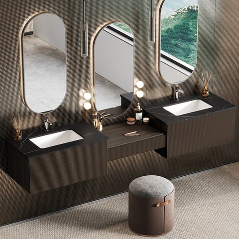 Meuble lavabo mural avec vasque céramique noire/meuble 2 portes