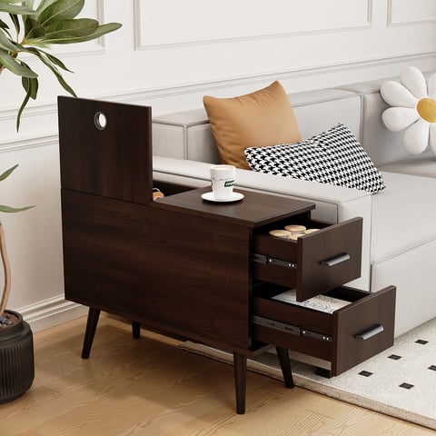 Table D'appoint En Forme De C En Bois Massif - Pour Canapé Ou Lit, étagère De Rangement, Couleur Bois Naturel, Dimensions 35x25x62 Cm